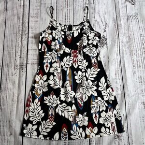 Vintage 90s Y2K Women's M Black Hawaiian Surfboard Hibiscus Floral Mini Dress